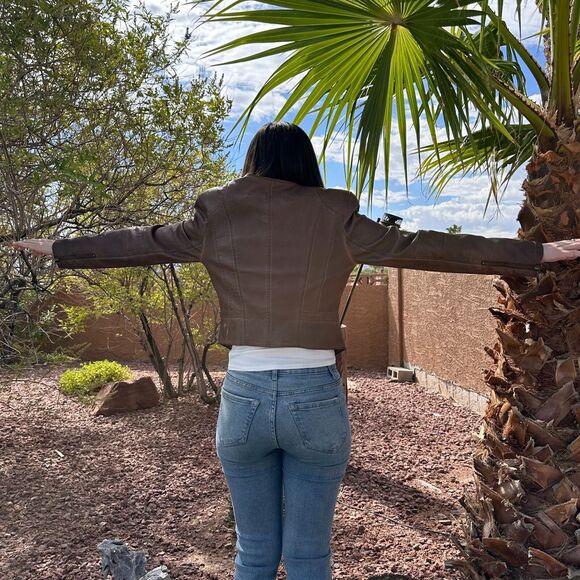 One Community Women's Medium Faux Leather Moto Biker Jacket Brown Zipper - Picture 5 of 8